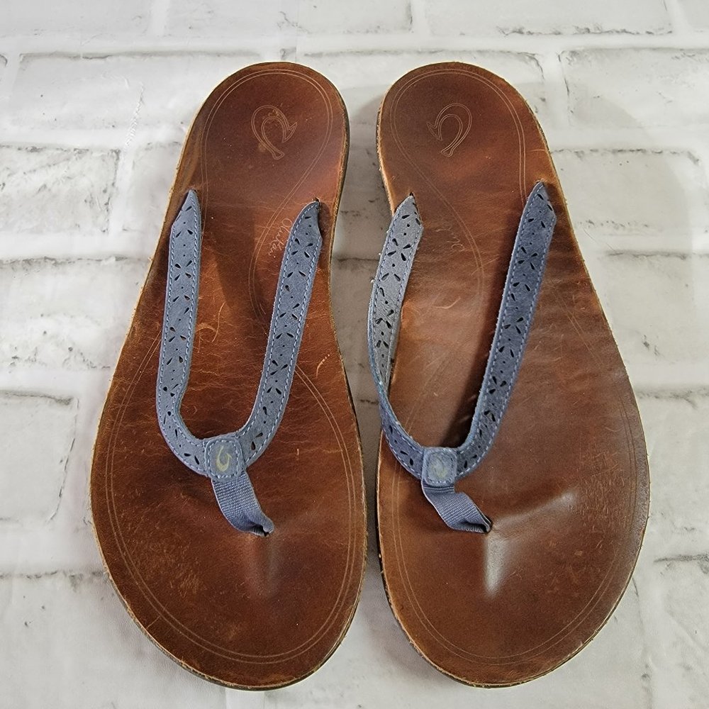 OLUKAI BLUE LEATHER PUKA SANDAL FLIP FLOP - 10